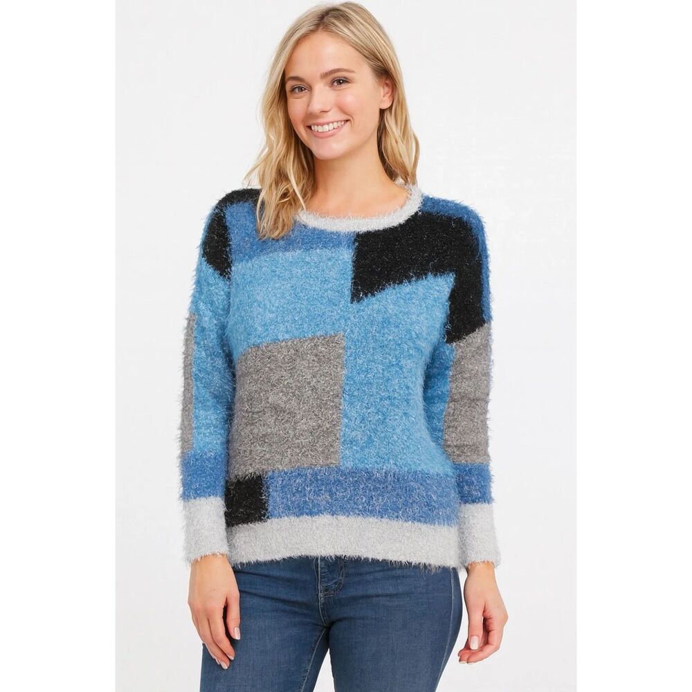 NEW YORK & COMPANY Sweater Womens Sz L Blue Shimmer eyelash colorblock Glam NEW